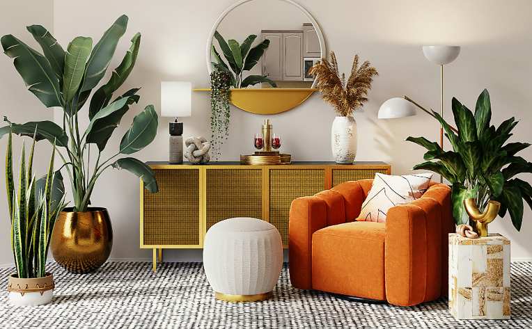 Retro inspired living room with patterned carpet plants and gold accent furniture