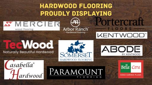 Hardwood flooring brands displayed at Karen's Carpetmax of Flint, MI - Mercier, Arbor Ranch, Portercraft, Kentwood, Abode, Somerset, Tecwood by Mohawk, Casabella Hardwood, Paramount, Bella Cera